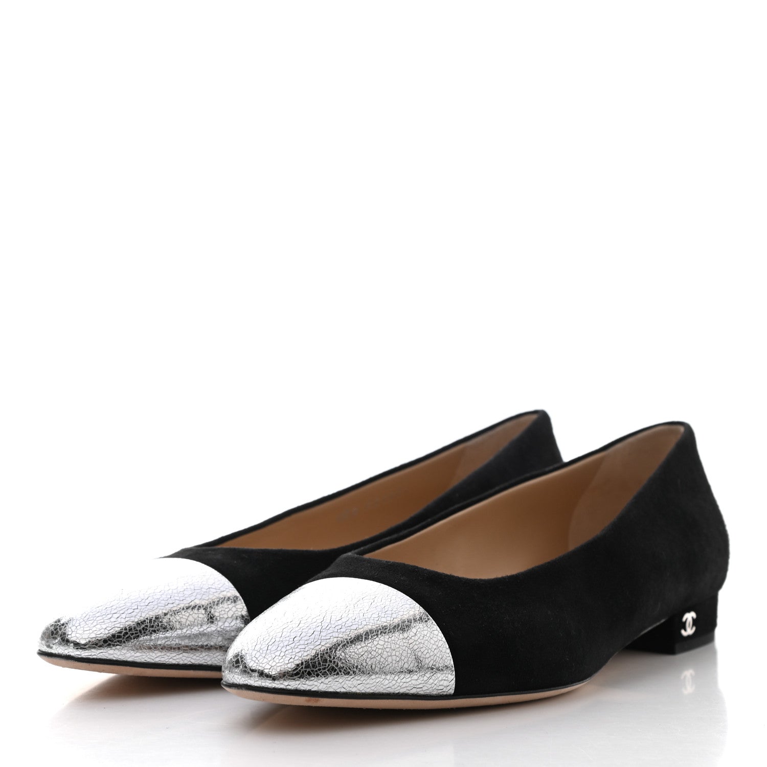 Chanel Kid Suede Metallic Lambskin Cap Toe Ballerina Flats 38.5 Silver Black 3 of 9