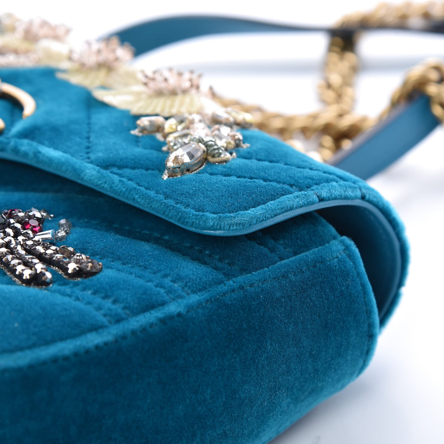 Velvet Matelasse Embroidered Mini GG Marmont Shoulder Bag Pavone Cyan