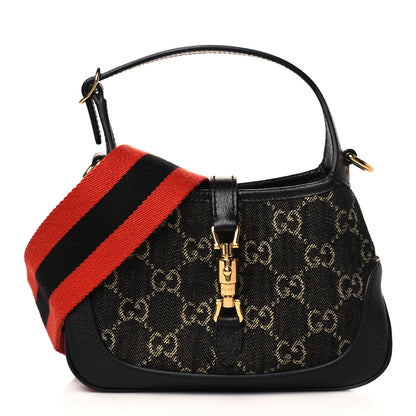 Gucci Jacquard Black Denim GG Monogram Textured Dollar Calfskin Mini Jackie 1961 Hobo Black Ivory 1 of 9