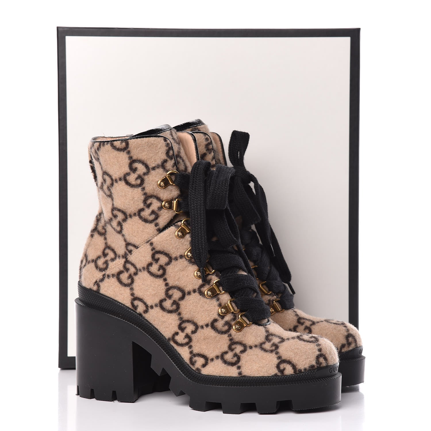 Gucci Covered Wool GG Monogram Womens Lace Up Combat Ankle Boots 39 Beige Ebony Black 14 of 14