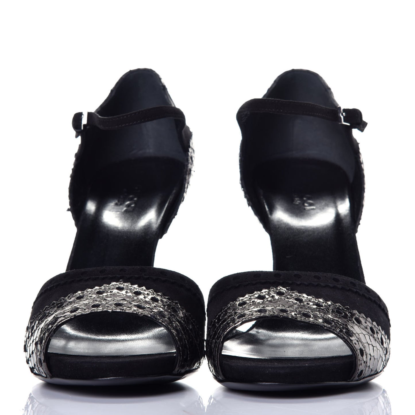 Laminated Snakeskin Kid Scamosciato Ankle Strap Peep Toe Pumps 38.5 Anthracite Black