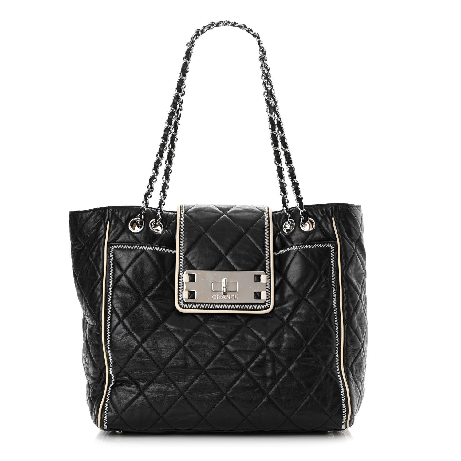 Chanel Glazed Lambskin Quilted Large North South Tote Black 1 of 15
