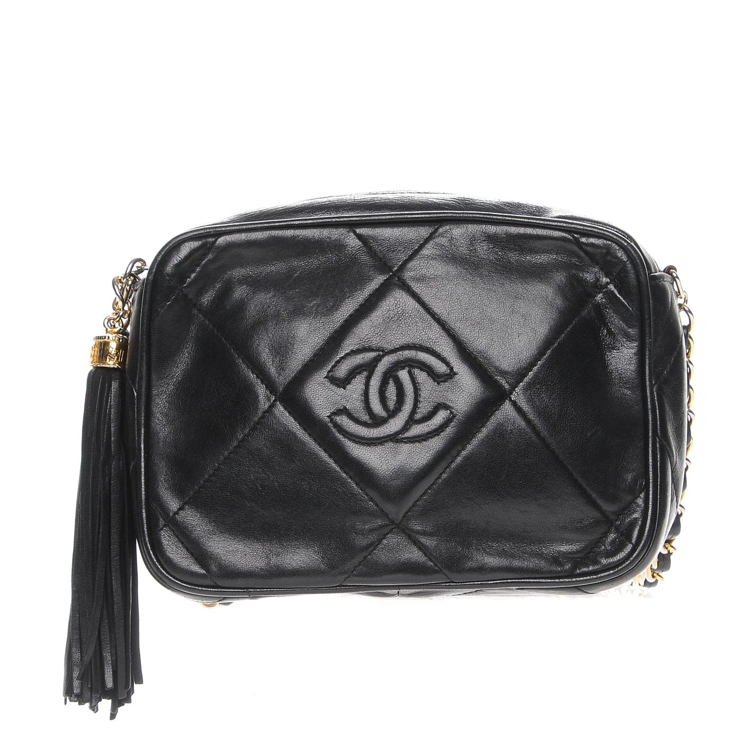 Lambskin Quilted Tassel Camera Case Black