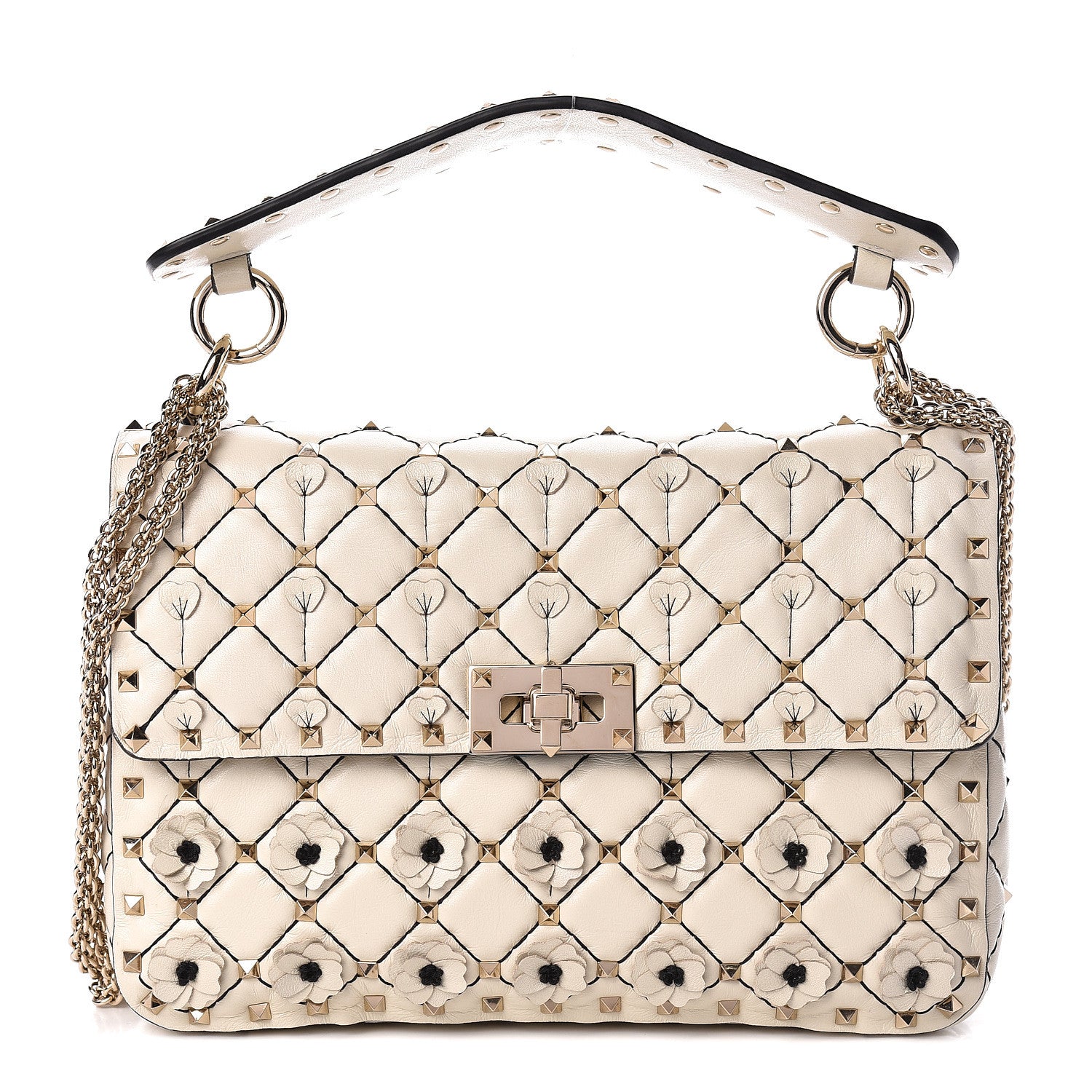 Valentino Garavani Lambskin Flower Medium Rockstud Spike Shoulder Bag Ivory 1 of 9
