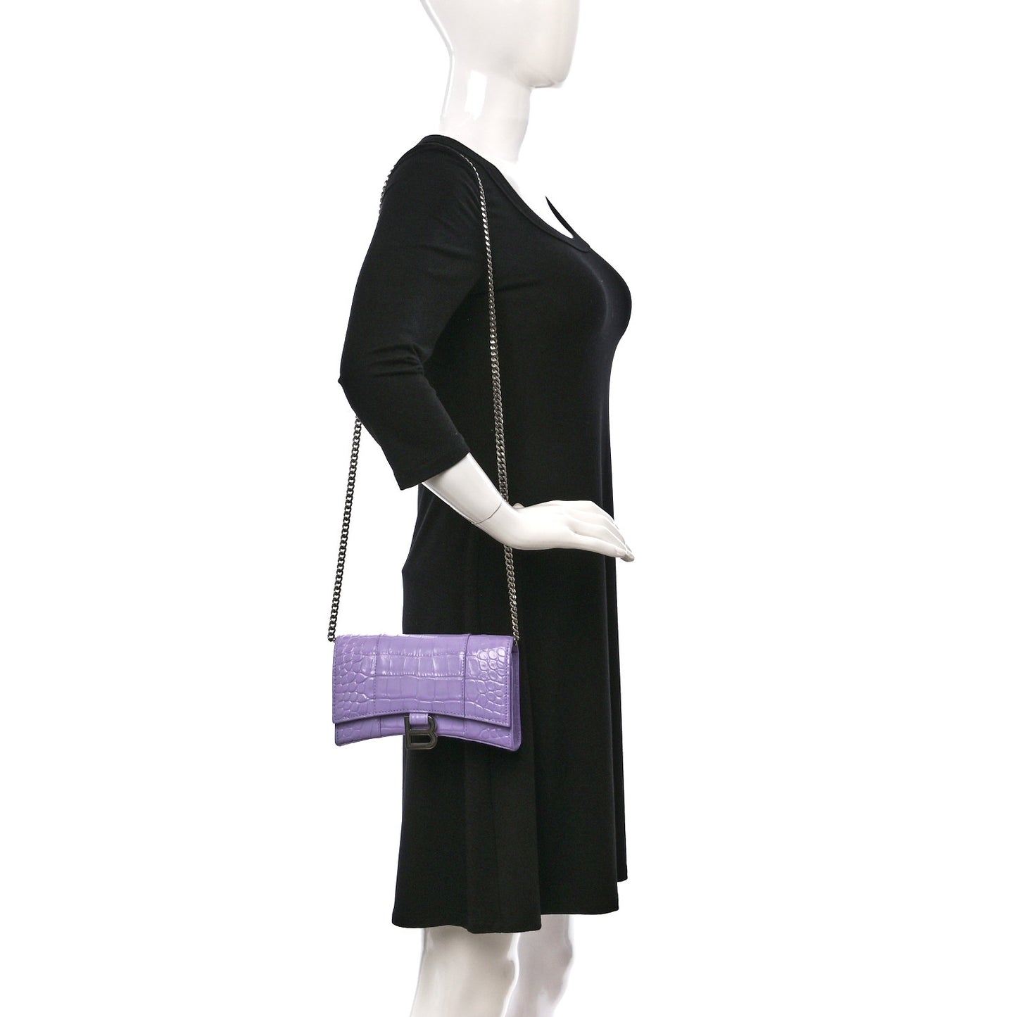 Shiny Calfskin Crocodile Embossed Hourglass Chain Bag Lilac
