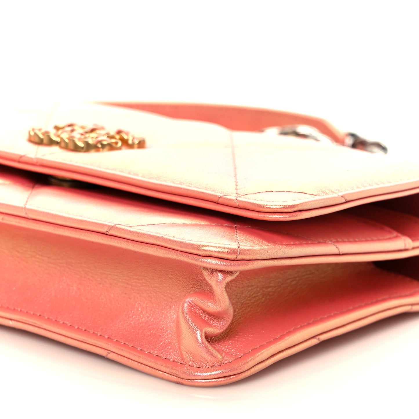 Iridescent Calfskin Quilted Chanel 19 Wallet On Chain WOC Pink