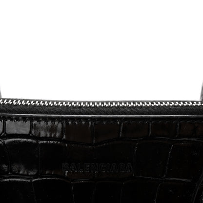 Balenciaga Shiny Calfskin Logo Crocodile Embossed S Ville Top Handle Bag Black White 10 of 10