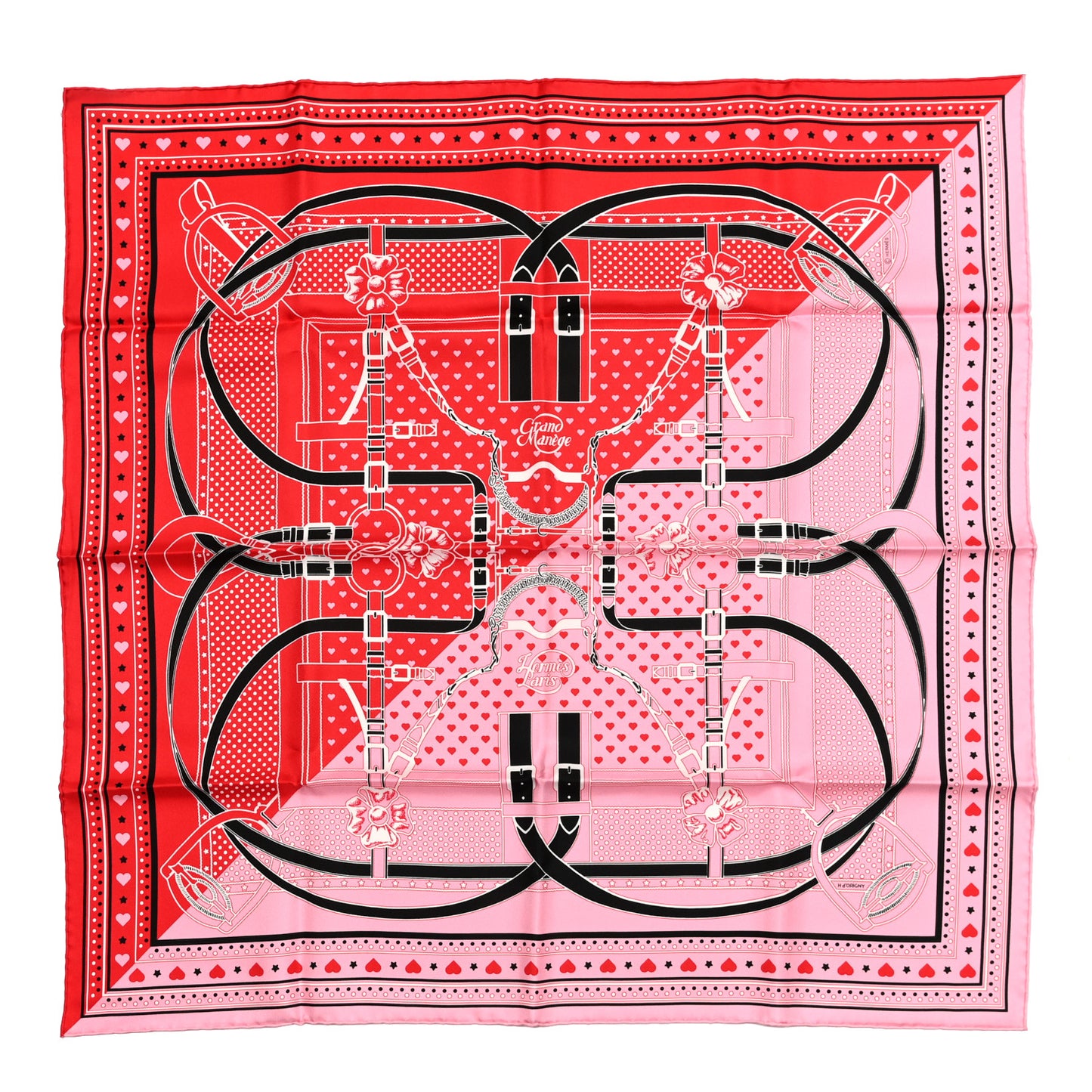 Silk Grand Manege Cut Bandana Love Scarf 70 Rouge Rose Black