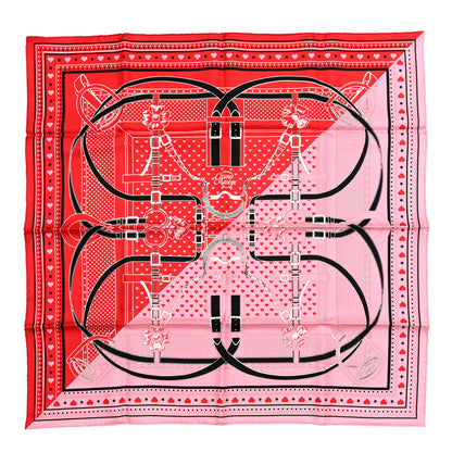 Hermes Silk Grand Manege Cut Bandana Love Scarf 70 Rouge Rose Black 1 of 6