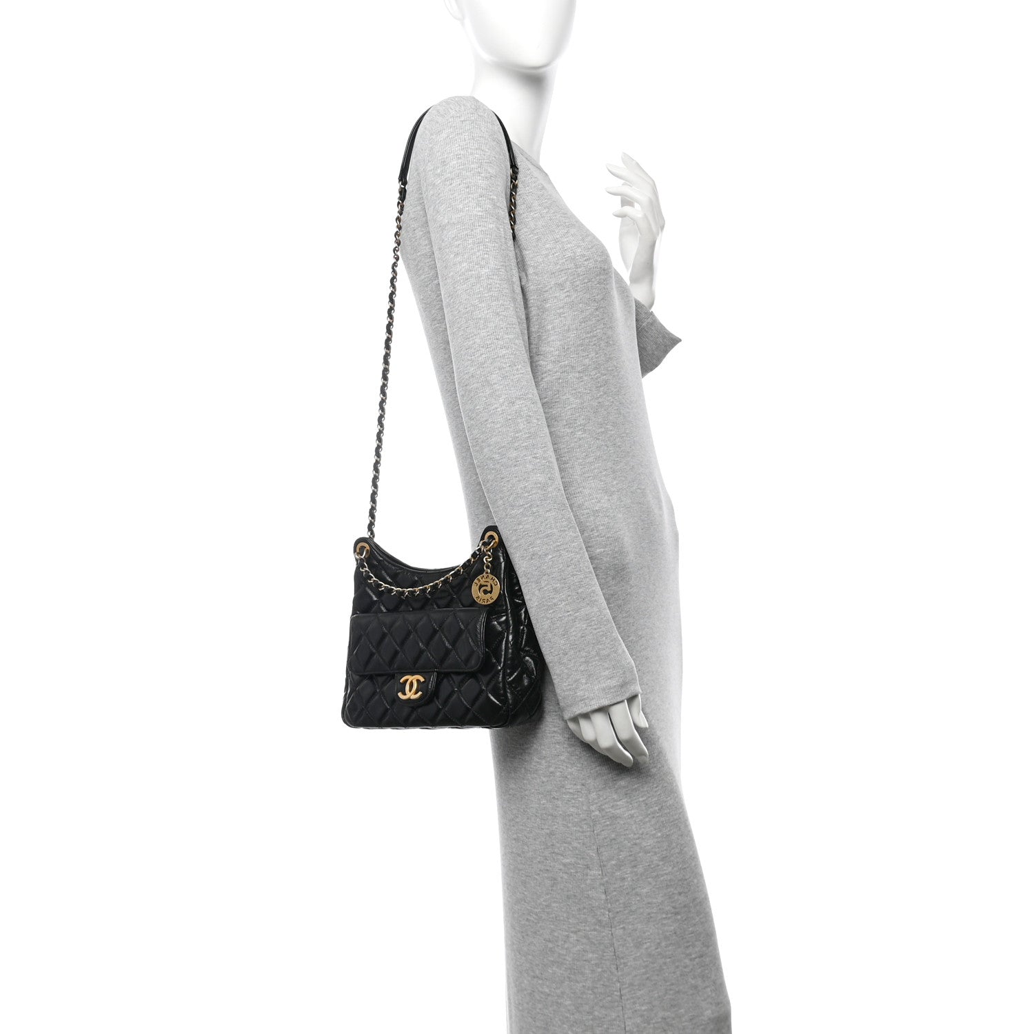 Chanel Shiny Crumpled Calfskin Quilted Wavy CC Hobo Black 2 of 11
