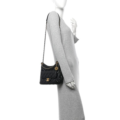 Chanel Shiny Crumpled Calfskin Quilted Wavy CC Hobo Black 2 of 11