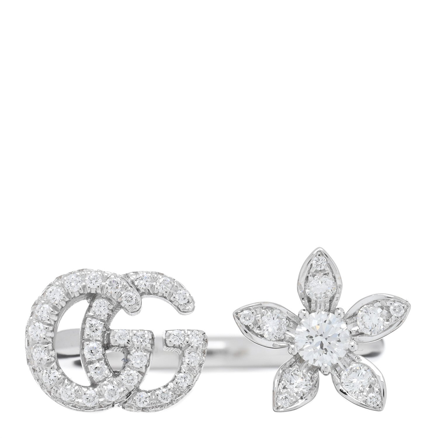 Gucci 18K White Gold Diamond Flora GG Open Ring 54 7 1 of 5