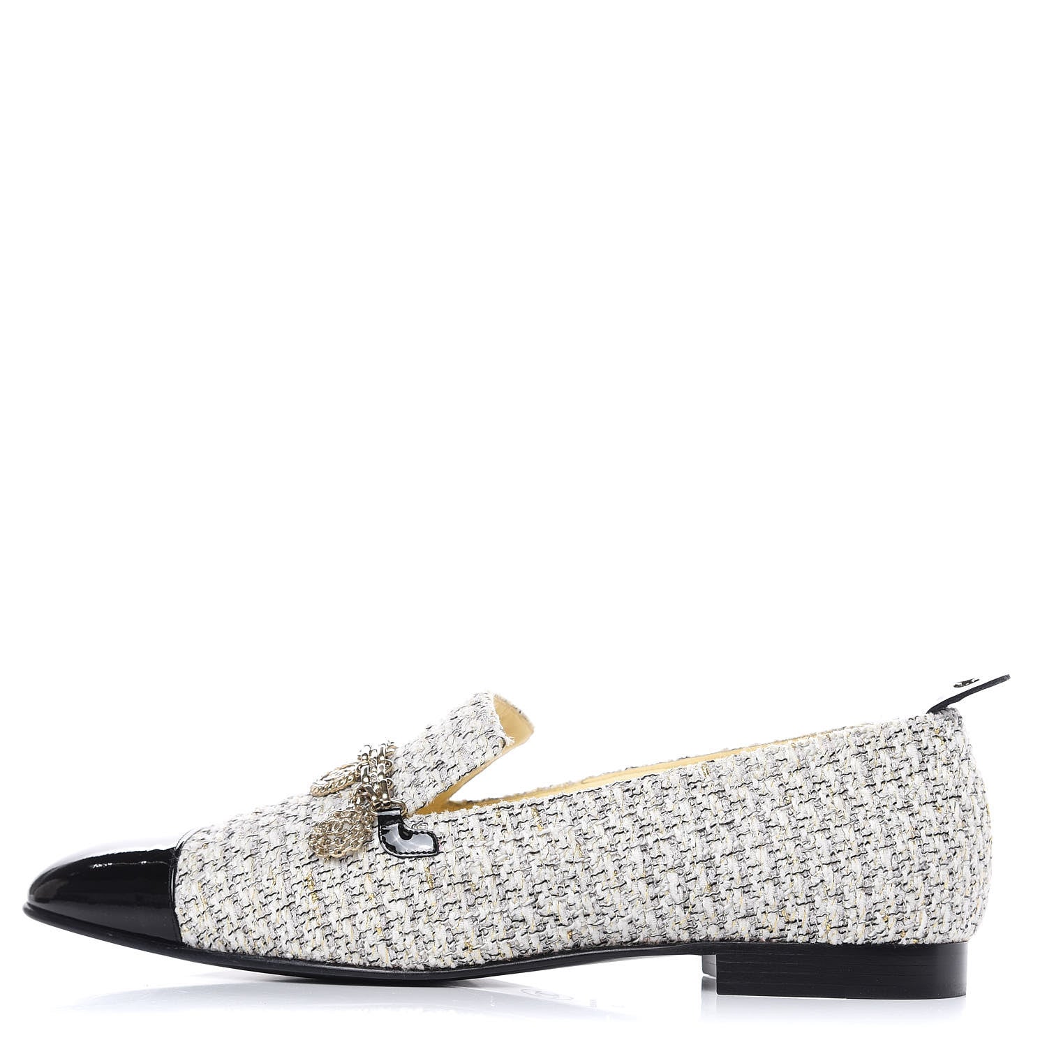 Chanel Tweed Patent Cap Toe Loafers 40 Ecru Black Gold 1 of 12