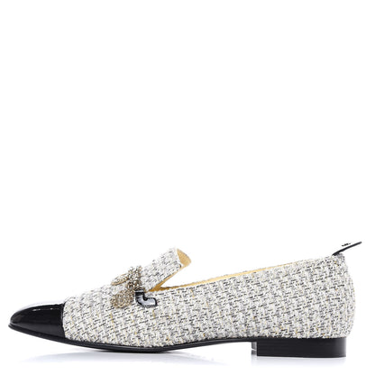 Chanel Tweed Patent Cap Toe Loafers 40 Ecru Black Gold 1 of 12