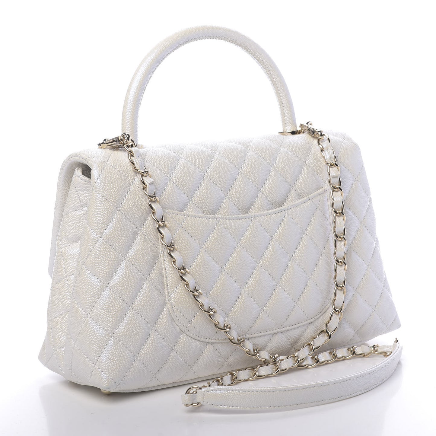 Iridescent Caviar Quilted Small Coco Handle Flap White