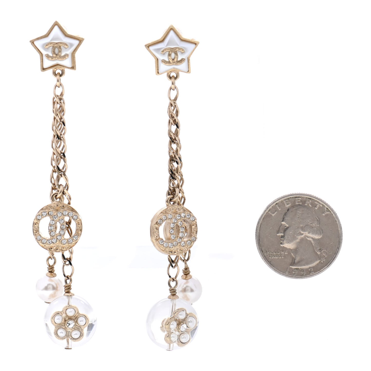 Crystal Pearl Resin CC Star Dangle Earrings Gold