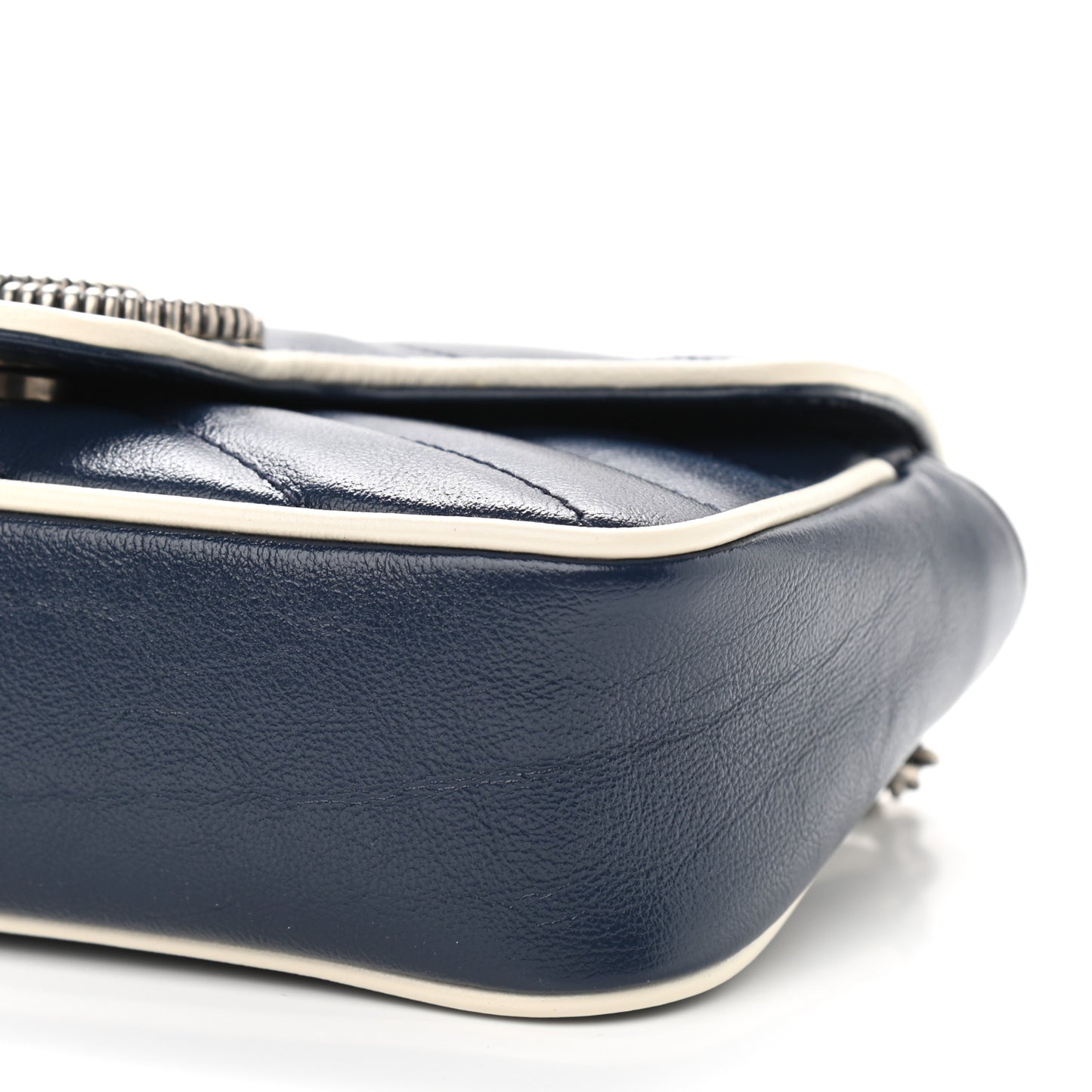 Vintage Effect Calfskin Matelasse Diagonal Super Mini Torchon GG Marmont Shoulder Bag Blue Agata Mystic White