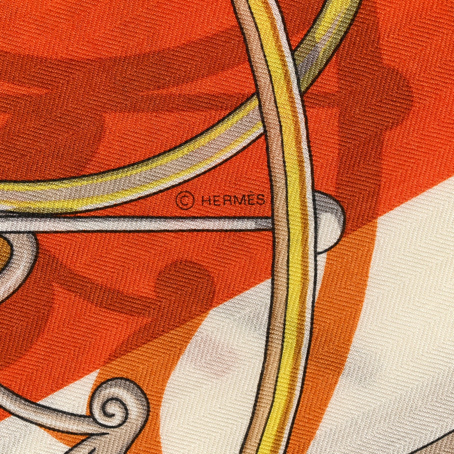 Hermes Cashmere Silk Voitures en Equilibre Shawl 140 Blanc Orange Cuit White Orange Cuit Jaune 4 of 5