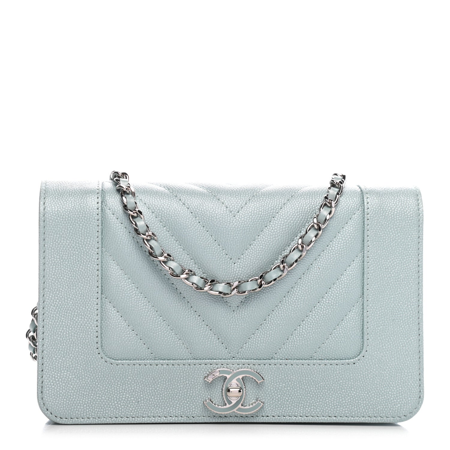 Chanel Metallic Caviar Chevron Quilted Vintage Mademoiselle Wallet On Chain WOC Light Blue 1 of 9