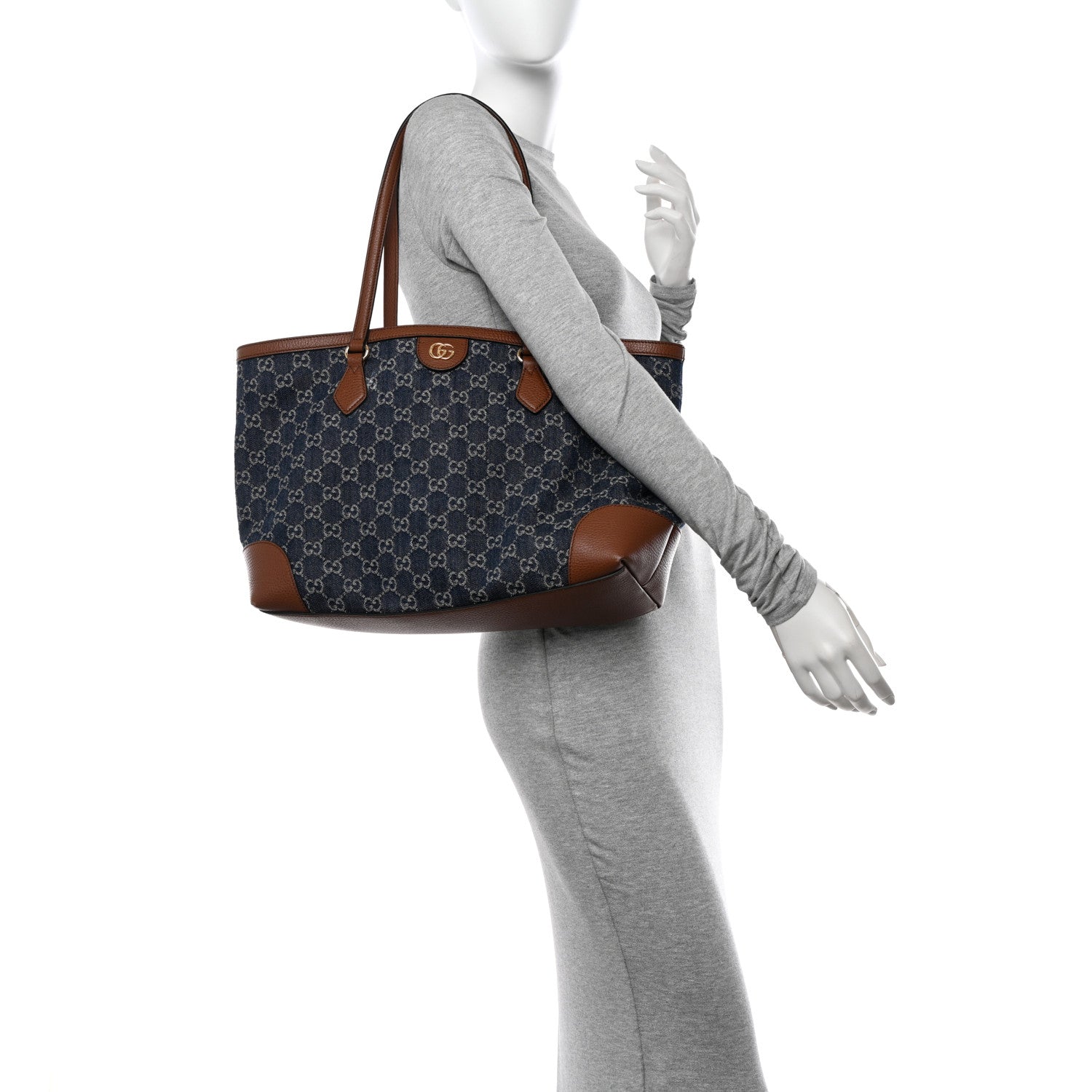 Gucci New Denim GG Monogram Medium Ophidia Shopping Tote Blue Tea Cuir 2 of 10