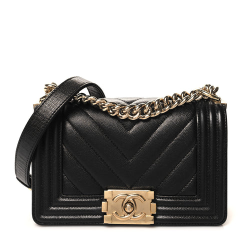 Caviar Chevron Quilted Small Boy Flap Black