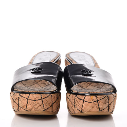 Chanel Patent Cork Quilted CC Wedge Mule Sandals 38 Black 2 of 21