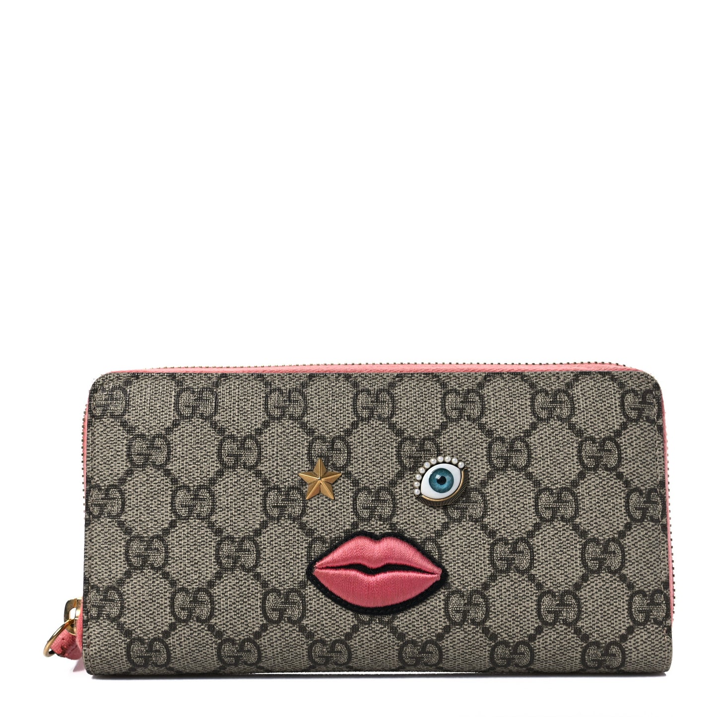 GG Supreme Monogram Embroidered Face Zip Around Wallet Pink