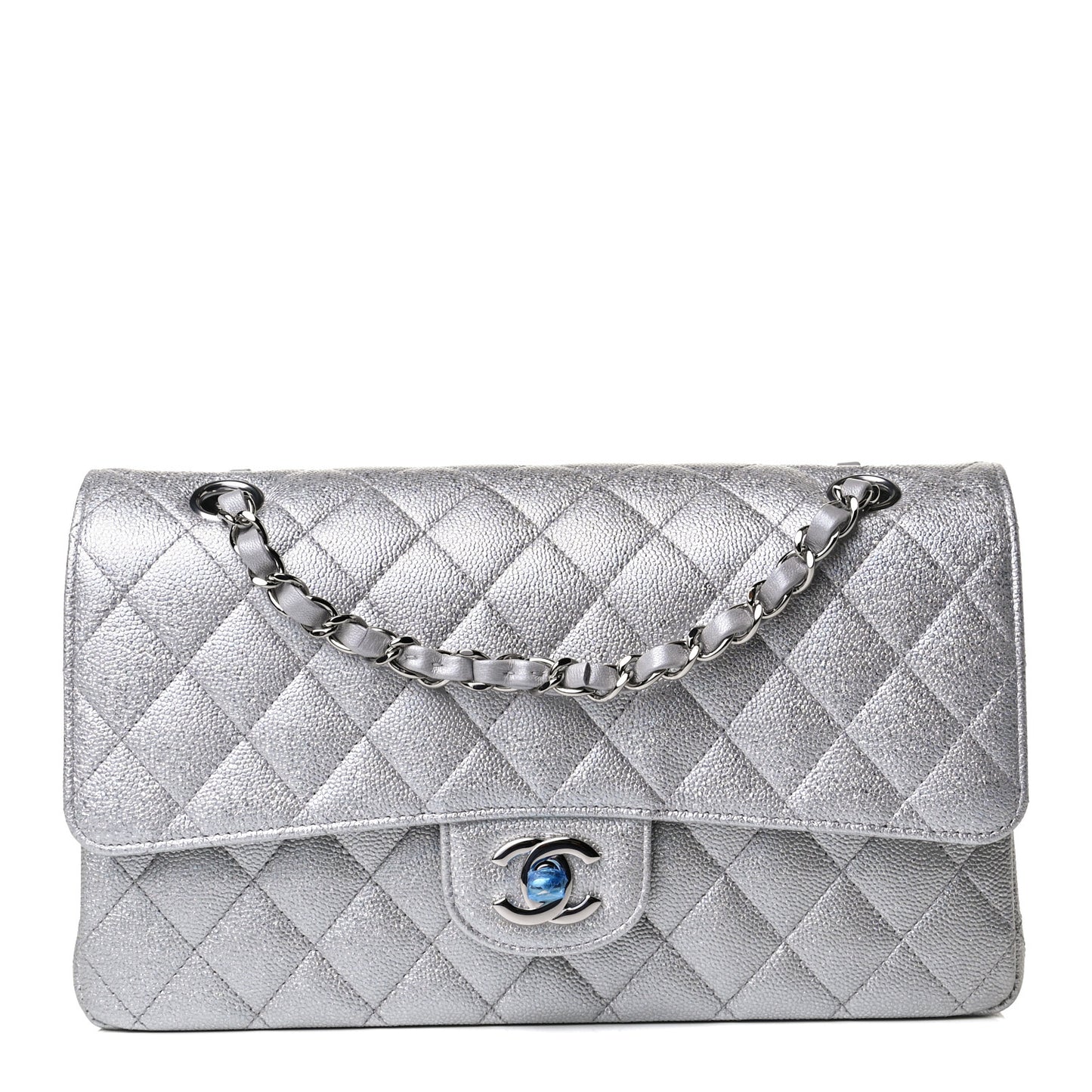 Glittered Metallic Caviar Quilted Medium Double Flap Silver