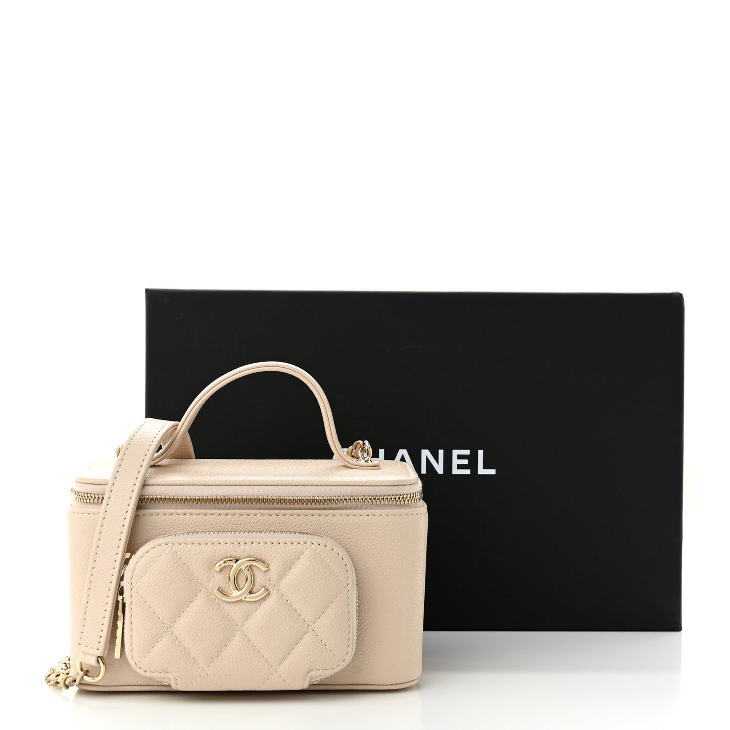 Caviar Quilted Top Handle Pocket Vanity Case Beige