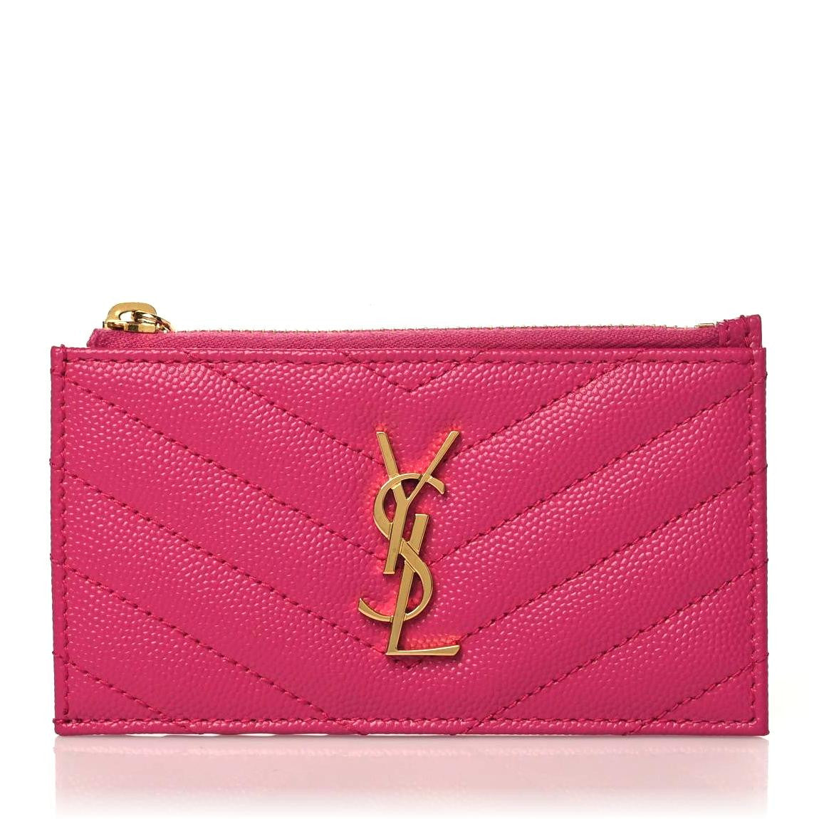 Saint Laurent Grain De Poudre Matelasse Chevron Monogram Fragments Zippered Card Case Fresh Fuxia 1 of 8