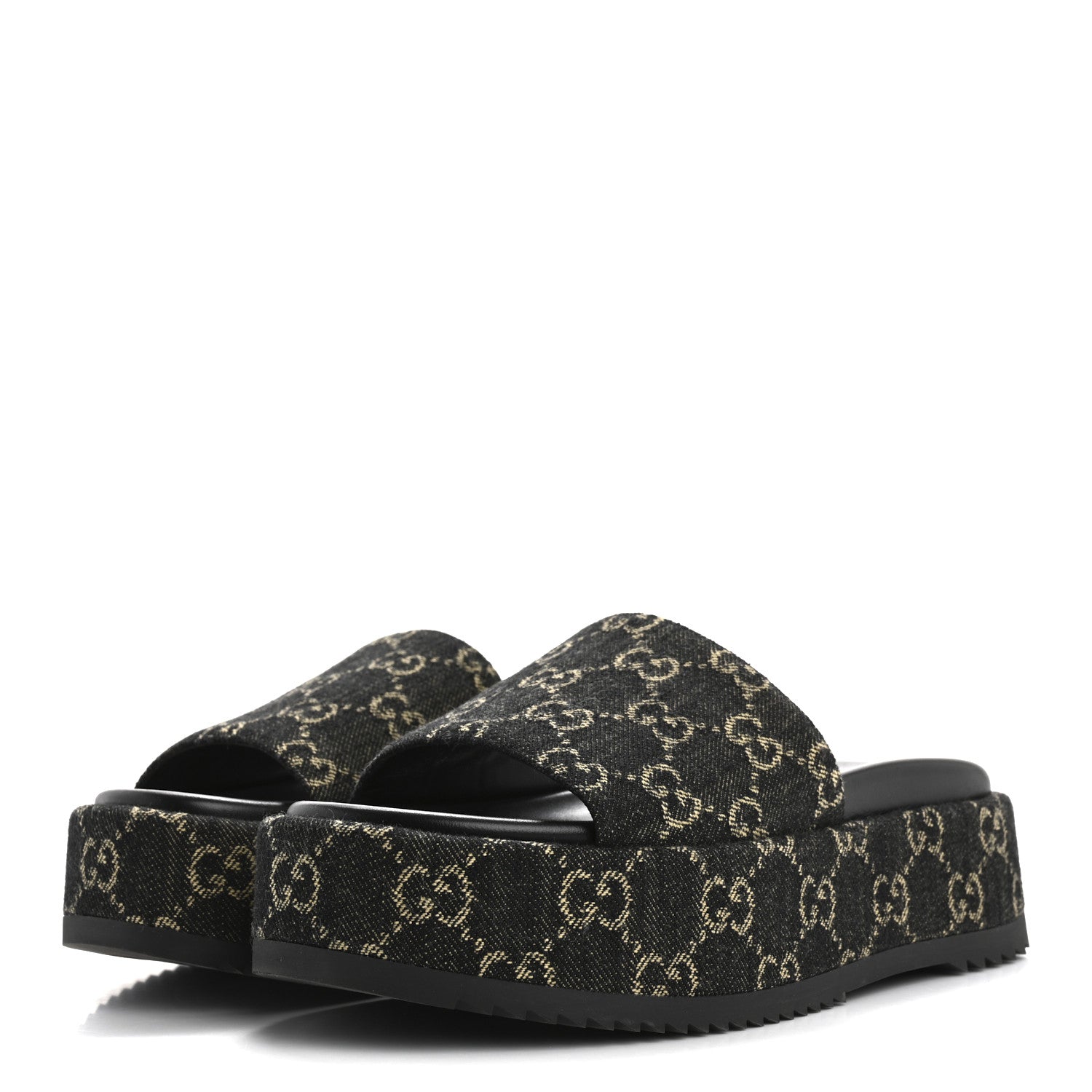 Gucci Jacquard Black Denim GG Monogram Angelina Platform 55mm Slide Sandals 36 Black Ivory 4 of 10