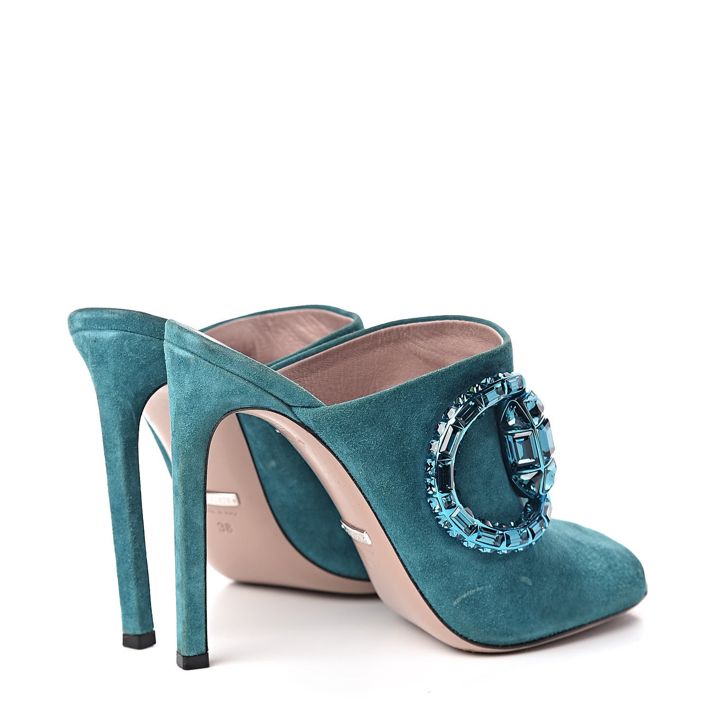 Suede Crystal Maxine Horsebit High Heel Slides 38 Dusty Turquoise