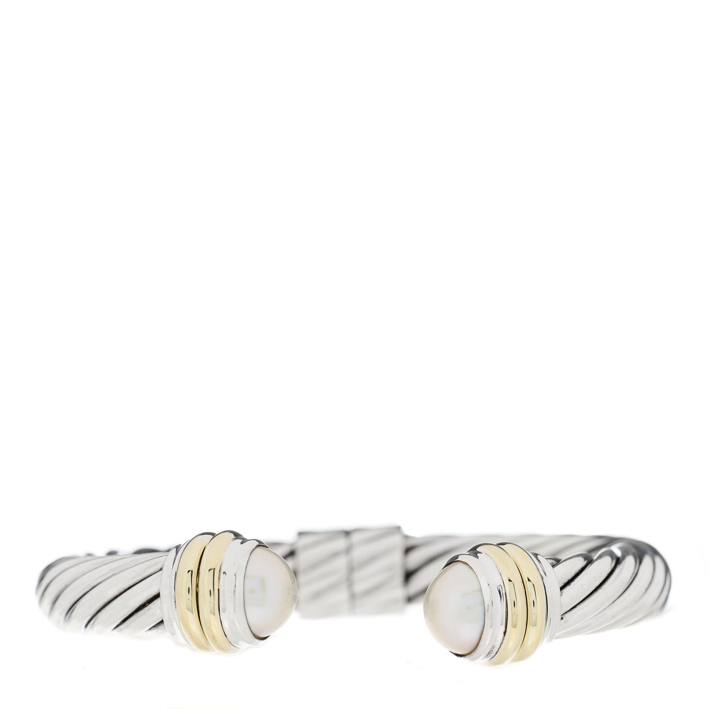Sterling Silver 14K Yellow Gold Pearl 10mm Cable Classics Hinged Bracelet