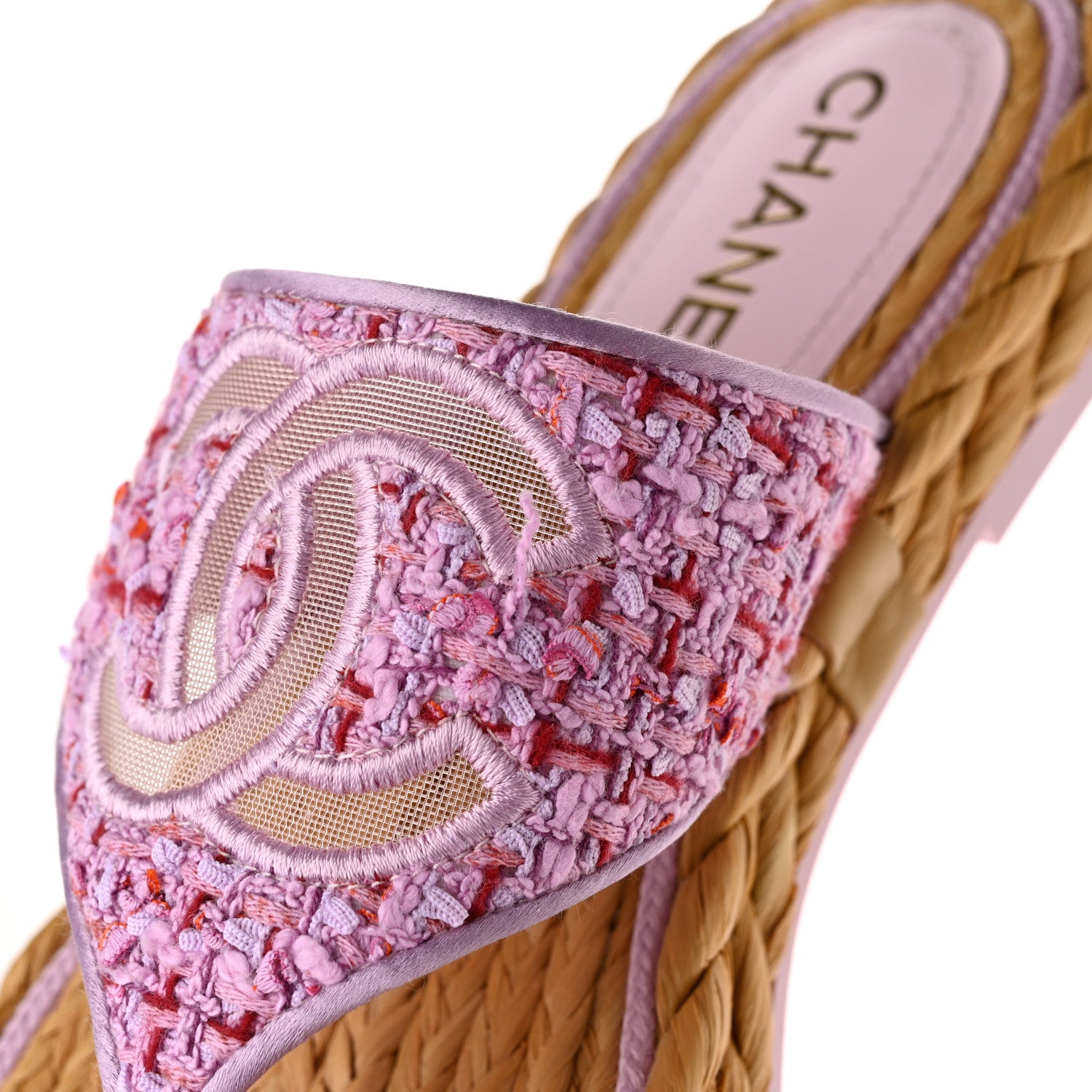 Chanel Tweed Mesh Satin CC Thong Sandals 38.5 Light Purple Pink Red 10 of 11
