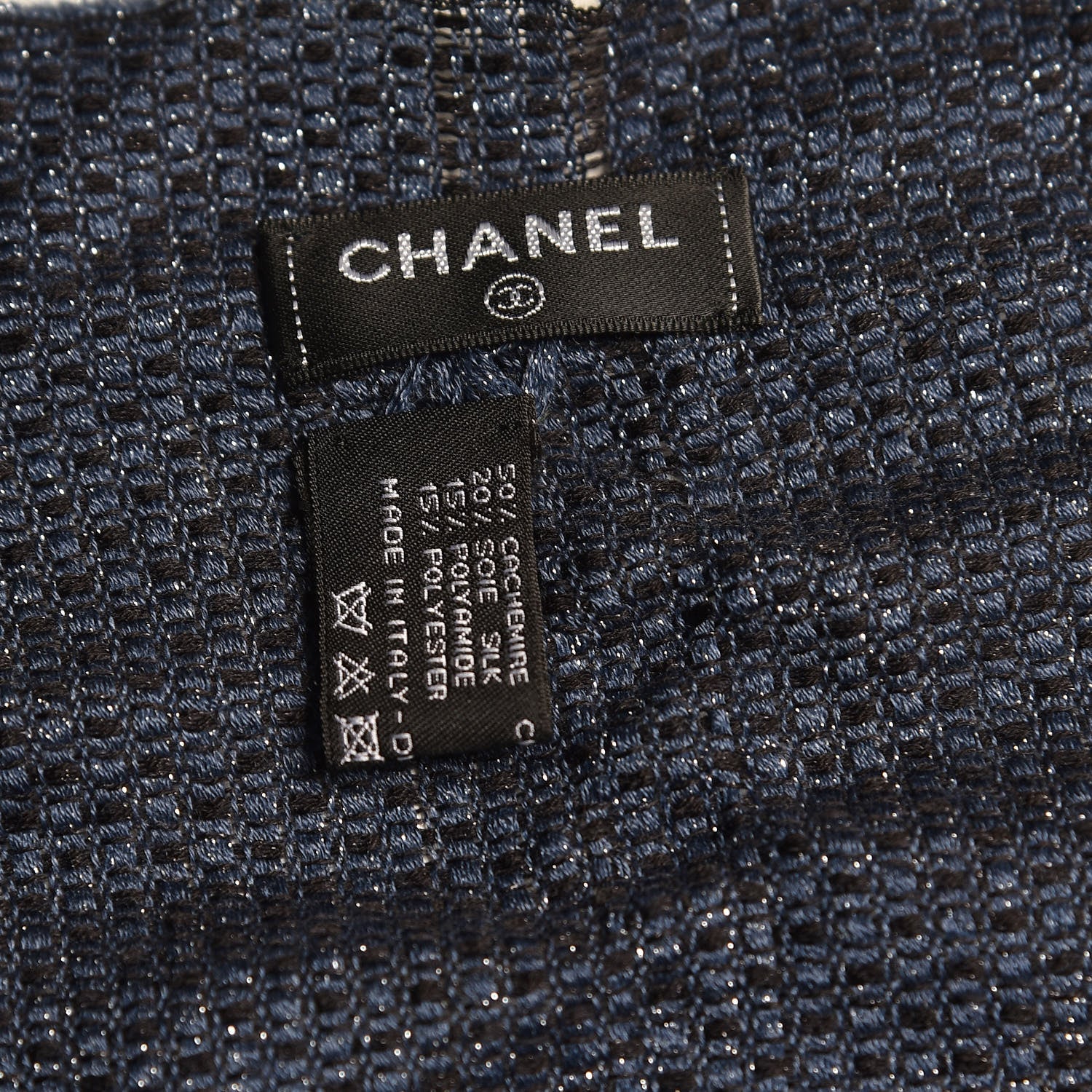 Chanel Cashmere Silk CC Fringe Scarf Blue Black 5 of 6