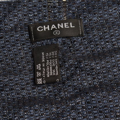 Chanel Cashmere Silk CC Fringe Scarf Blue Black 5 of 6