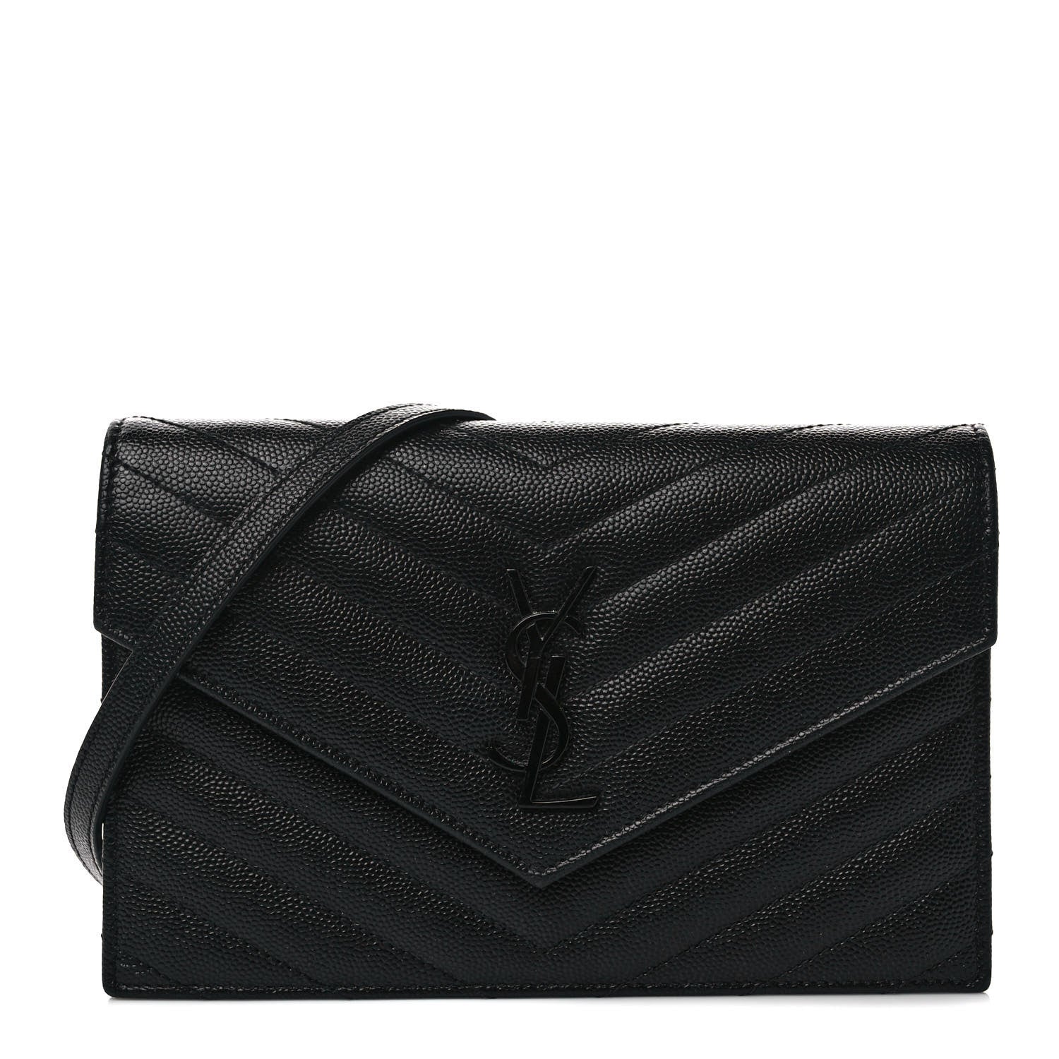 Saint Laurent Grain De Poudre Matelasse Chevron Monogram Monochrome Envelope Chain Wallet Black 1 of 9