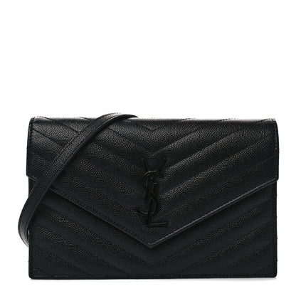 Saint Laurent Grain De Poudre Matelasse Chevron Monogram Monochrome Envelope Chain Wallet Black 1 of 9