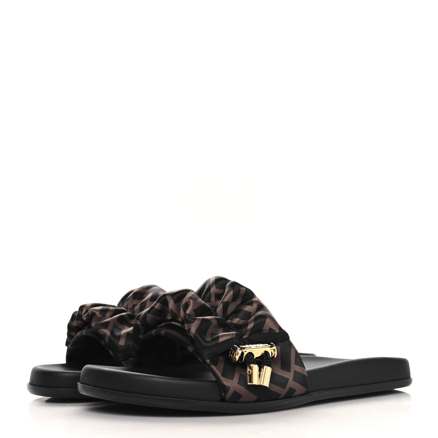 Satin FF Fendi Feel Slide Sandals 40 Tobacco Black