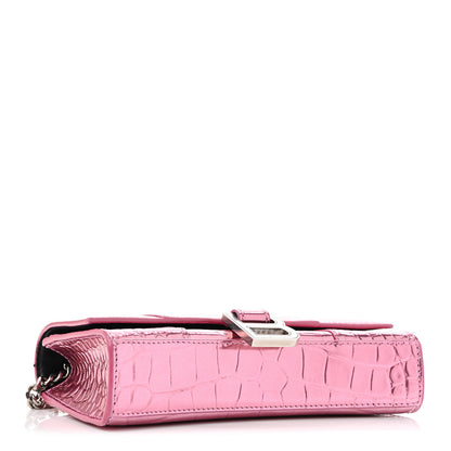 Balenciaga Metallic Shiny Calfskin Crocodile Embossed Hourglass Chain Bag Pink 4 of 13