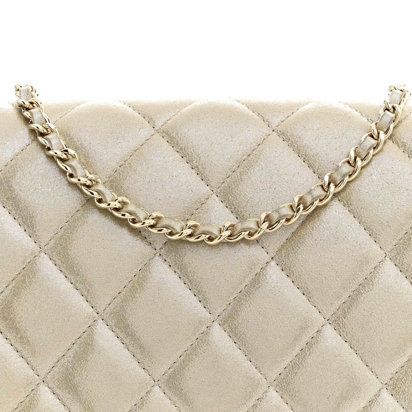 Iridescent Calfskin Quilted Clutch With Chain Flap Light Gold