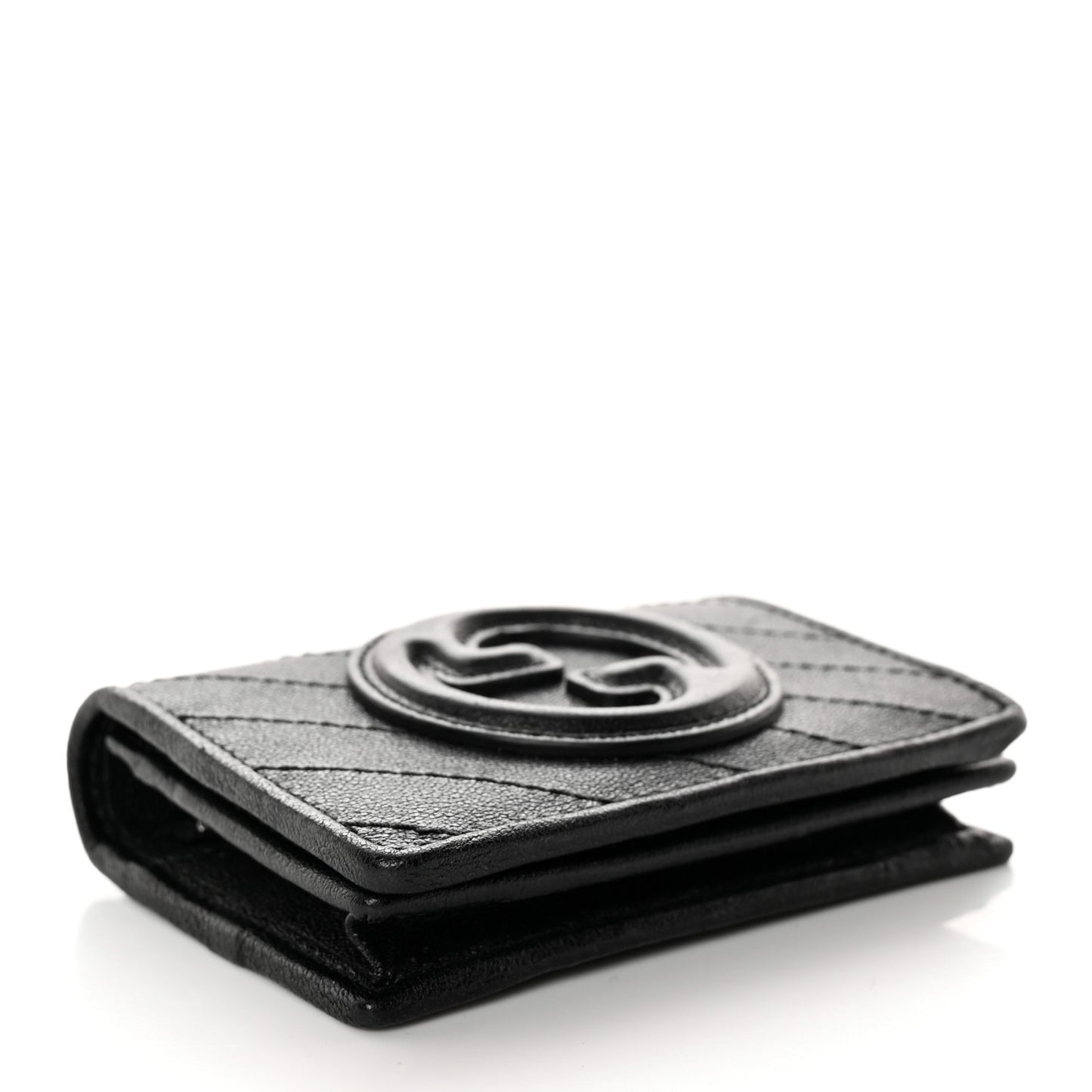 Sakai Be Green Calfskin Diagonal Stitched Blondie Card Case Wallet Black