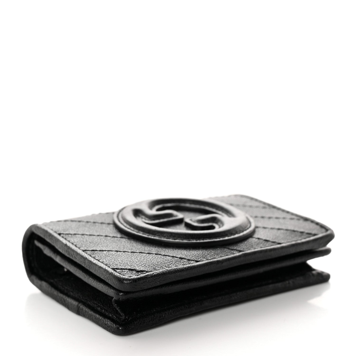 Gucci Sakai Be Green Calfskin Diagonal Stitched Blondie Card Case Wallet Black 4 of 10