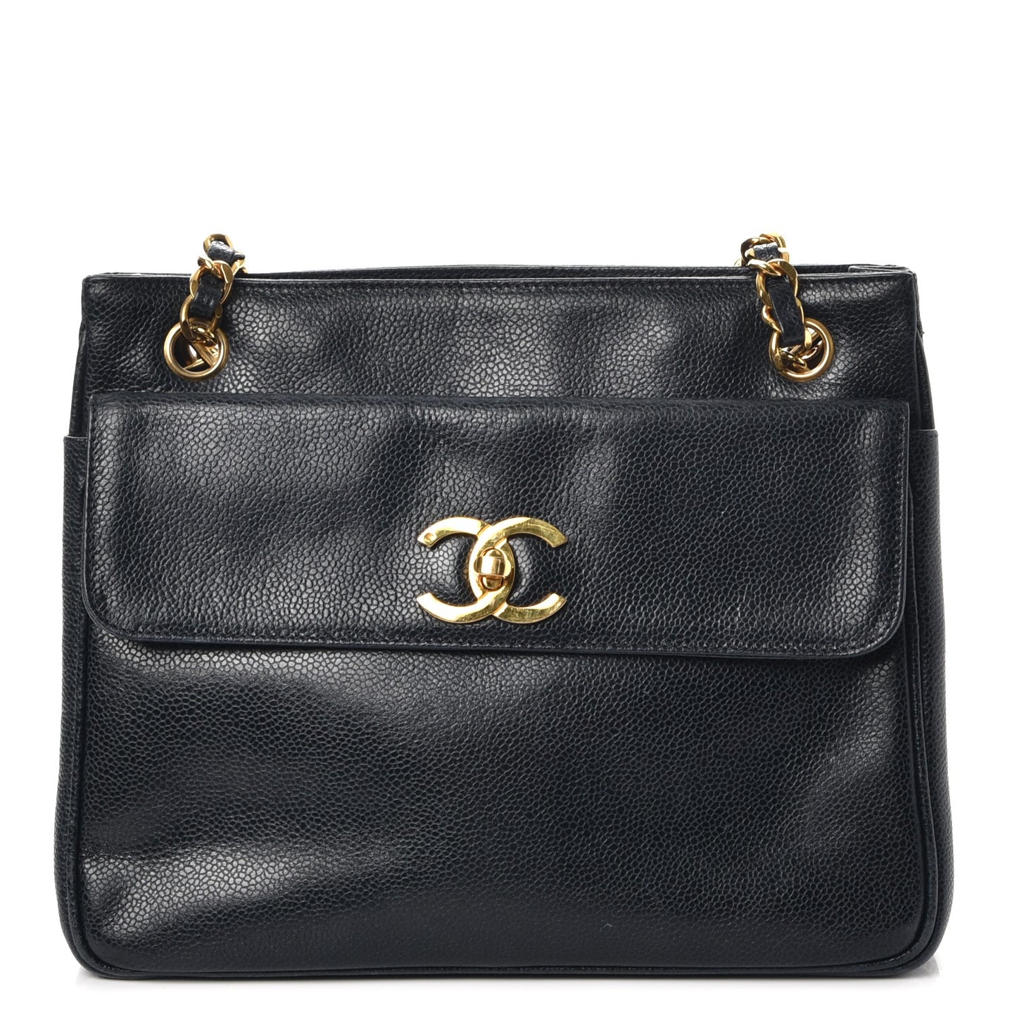Caviar Flap Shoulder Bag Navy Blue