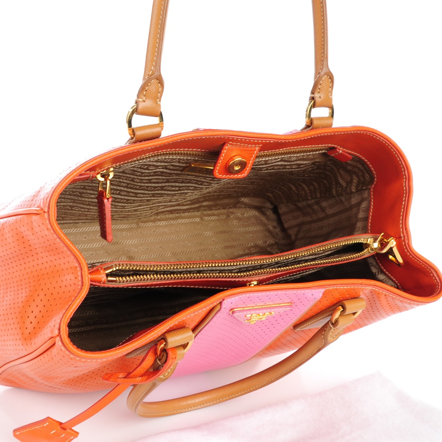 Saffiano Perforated Medium Striped Tote Papaya Caramel