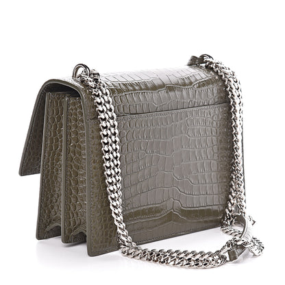 Saint Laurent Calfskin Crocodile Embossed Medium Monogram Sunset Khaki Green 3 of 9