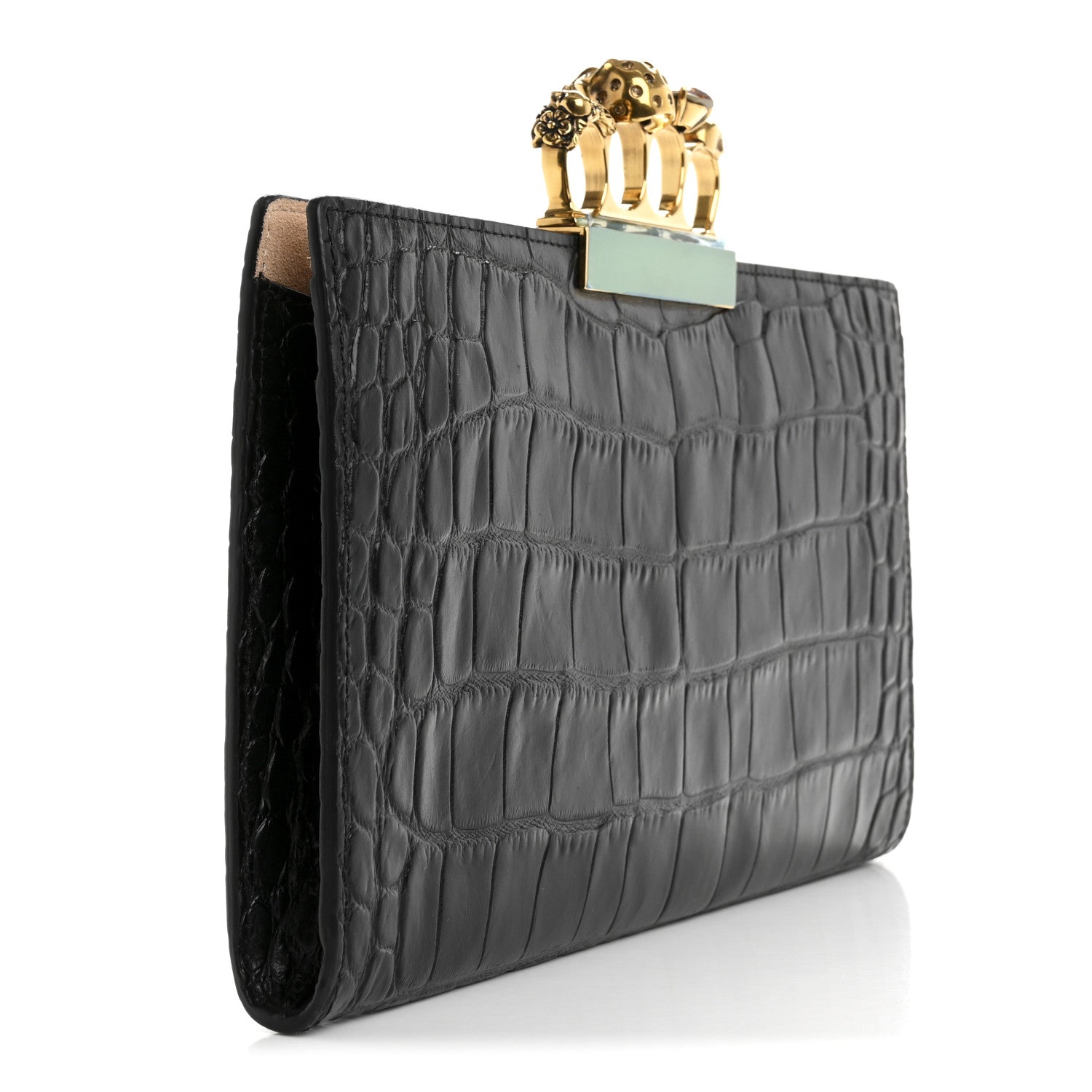 Alexander McQueen Calfskin Crocodile Embossed Knuckle Flat Clutch Black 3 of 11