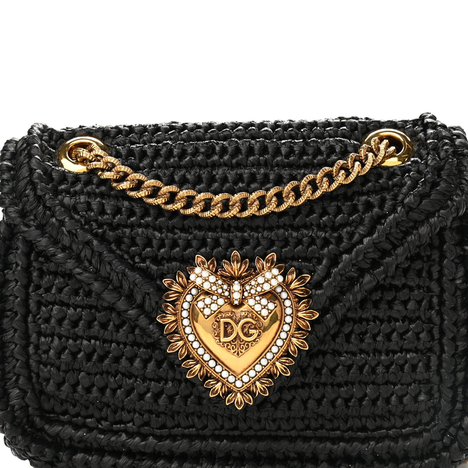 Dolce & Gabbana Raffia Woven Devotion Envelope Shoulder Bag Black 7 of 9