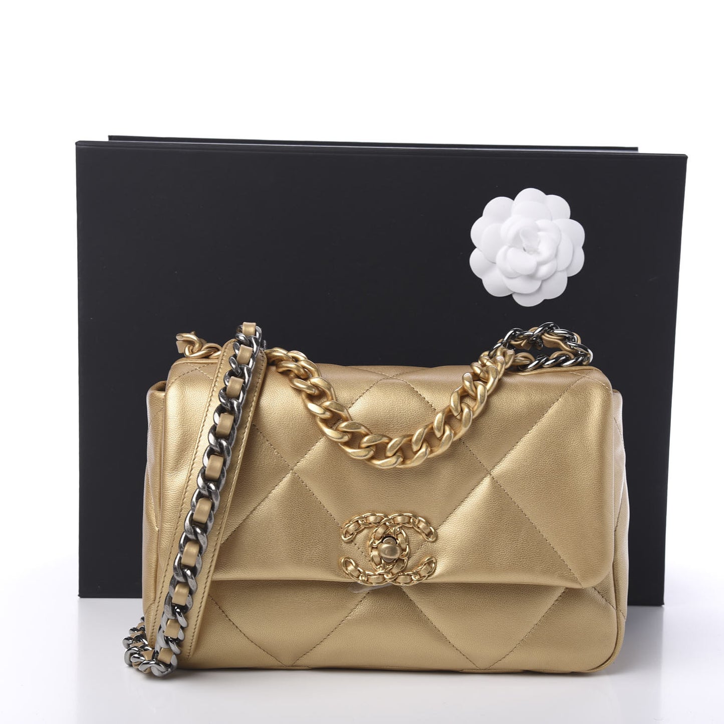Metallic Goatskin Quilted Medium 19 Flap Gold