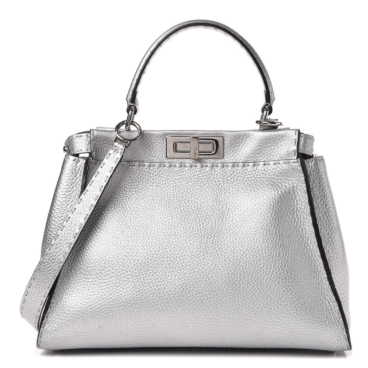 Fendi Cuoio Romano Lux Selleria Medium Peekaboo Iconic Satchel Argento 1 of 10